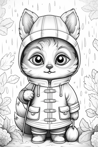 Premium ai image coloring pages of a cat in a raincoat and rain boots generative ai