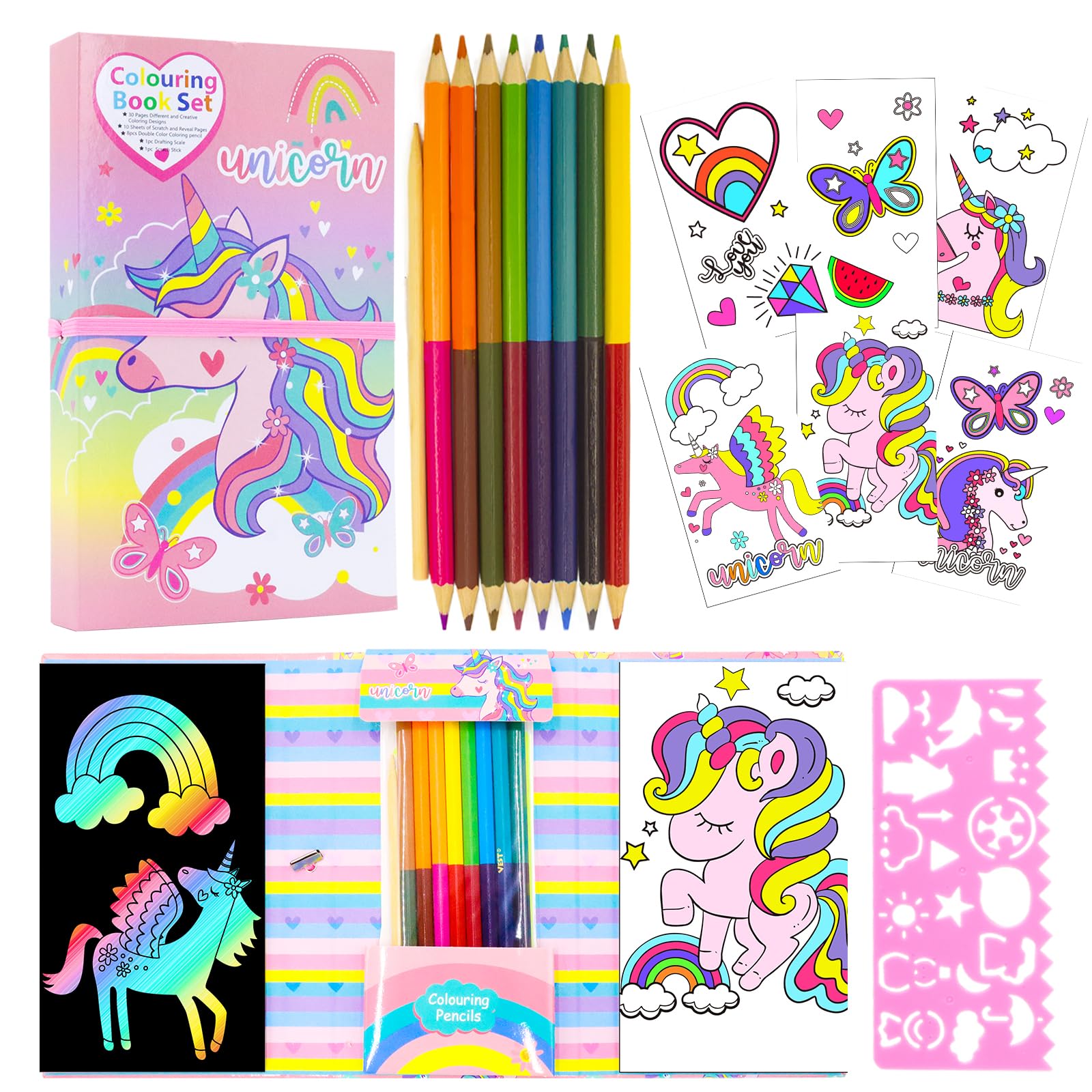 Unicorn coloring pads kit for girls unicorn coloring book with coloring pages rainbow scratch papers colored pencils for drawing painting travel coloring kit for kids girls ages