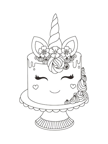 Premium vector unicorn cake printable coloring book for kids vector illustration with handdrawn doodle style