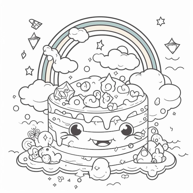 Premium ai image a coloring page with a cake and a rainbow in the background generative ai