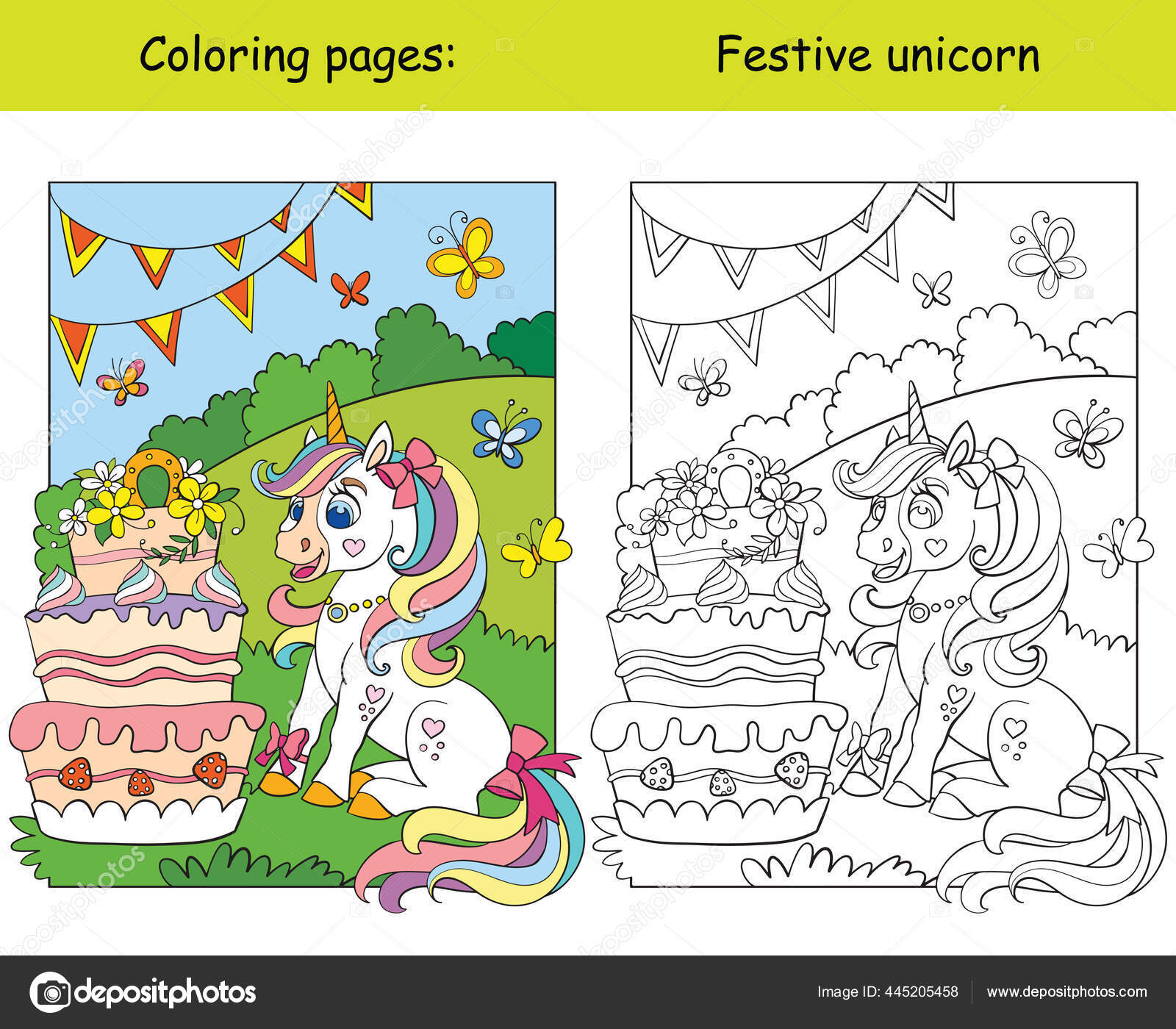Cute unicorn celebrating birthday wih big cake coloring book page stock vector by alinart