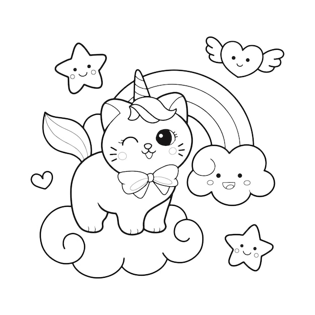 Premium vector cute cat unicorn and rainbow hand drawn coloring page