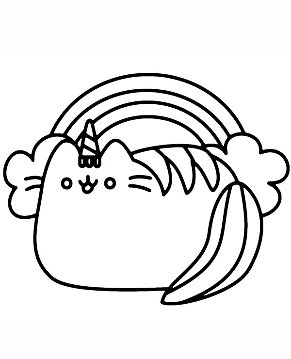 Pusheen cat coloring page with rainbow
