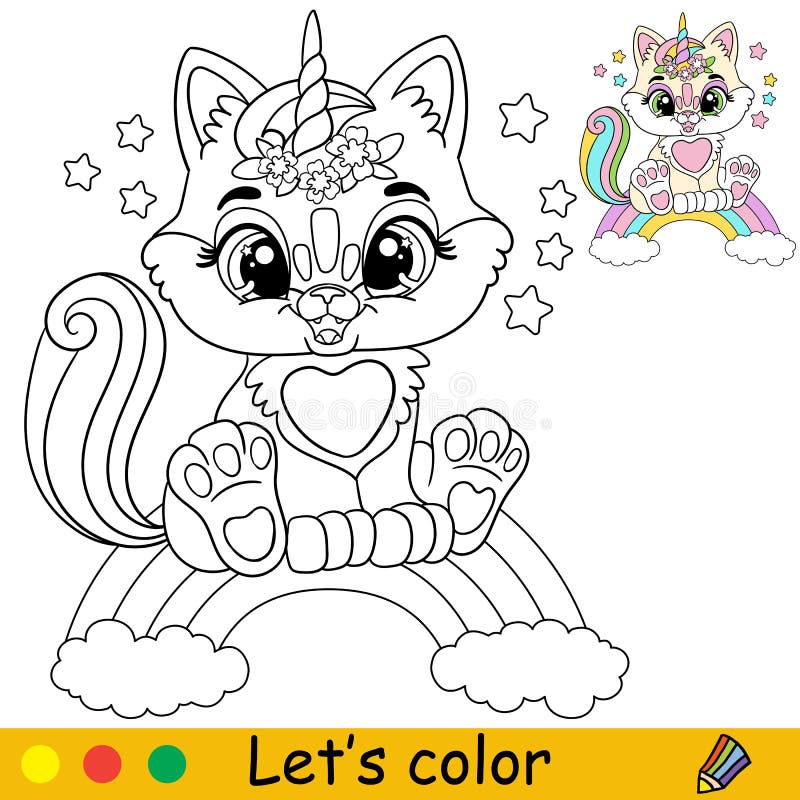 Cartoon cat unicorn sitting on a rainbow coloring book page vector stock vector