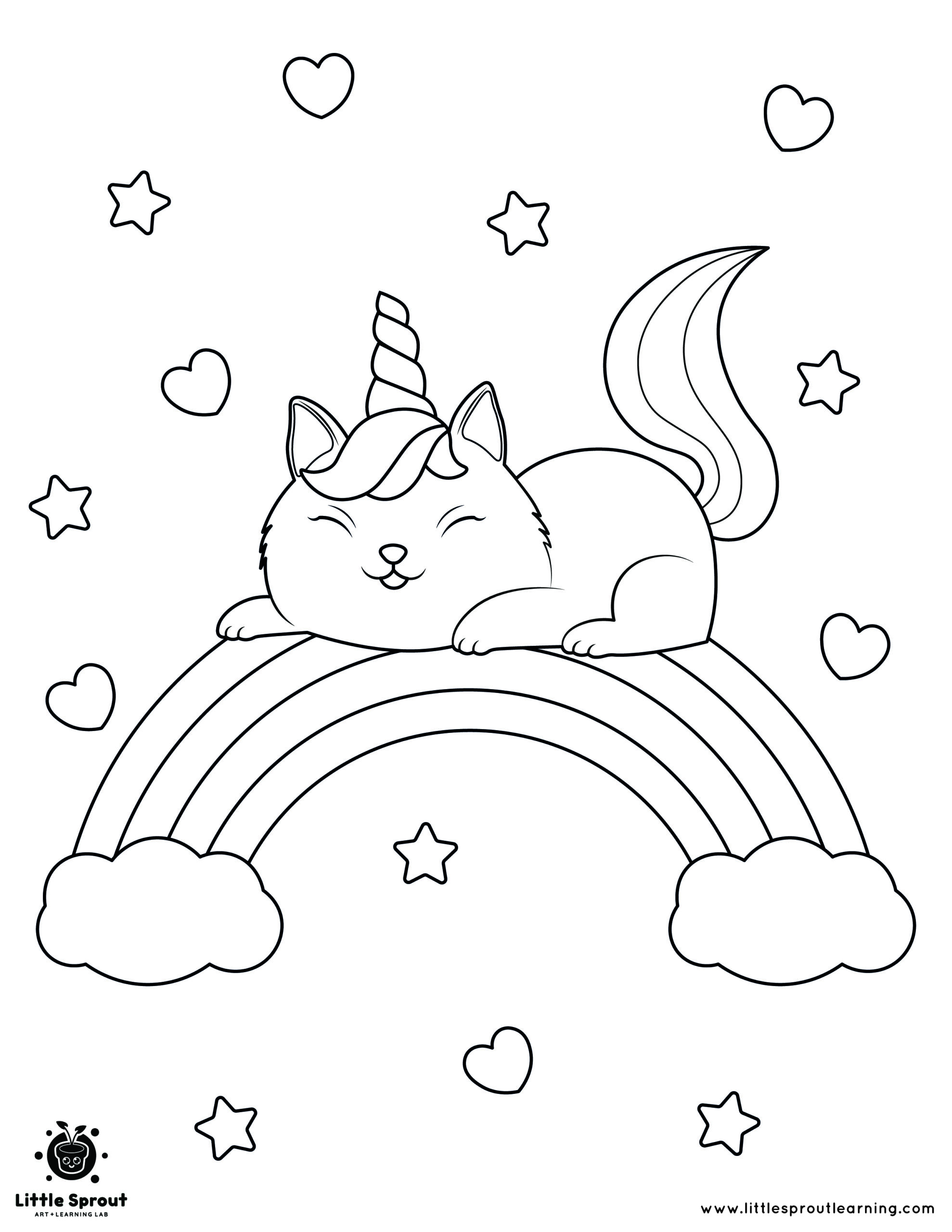 Resting on a rainbow unicorn cat coloring page