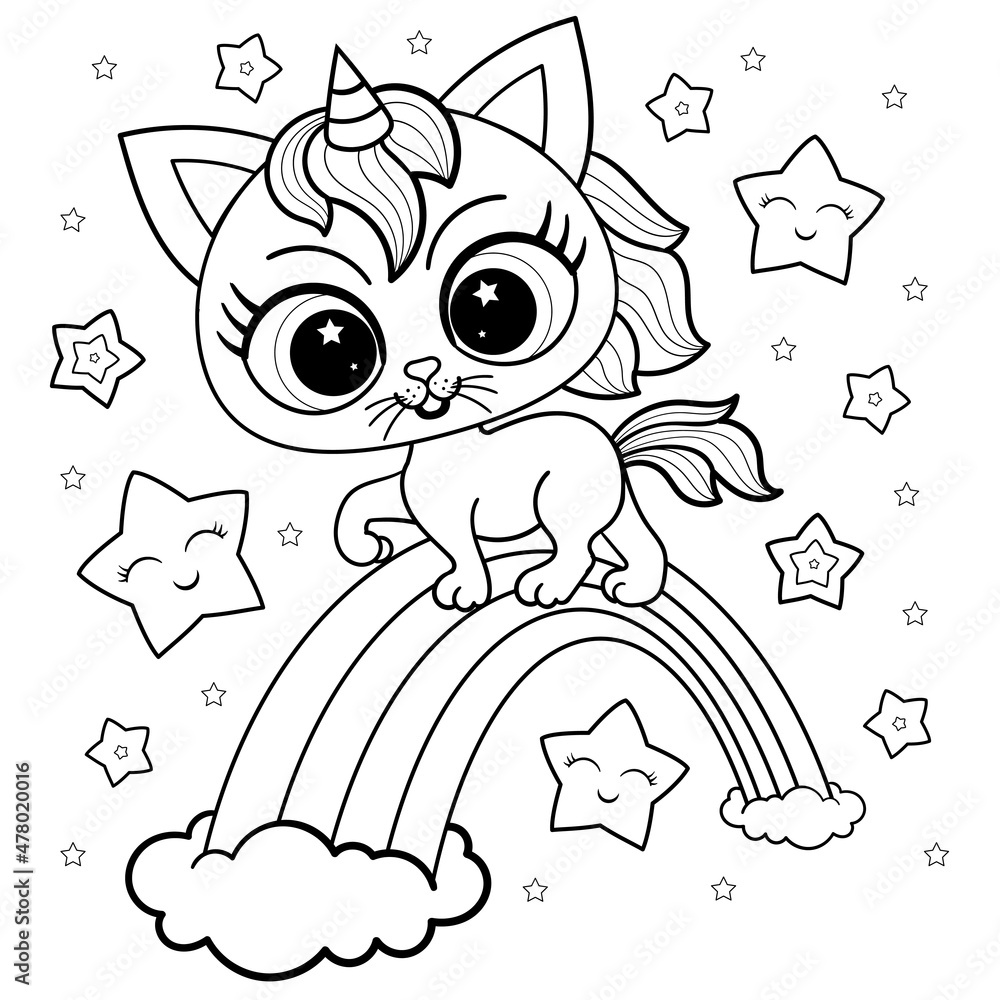 Cute cat unicorn on the rainbow black and white linear image for childrens design of coloring books prints posters stickers postcards etc vector vector