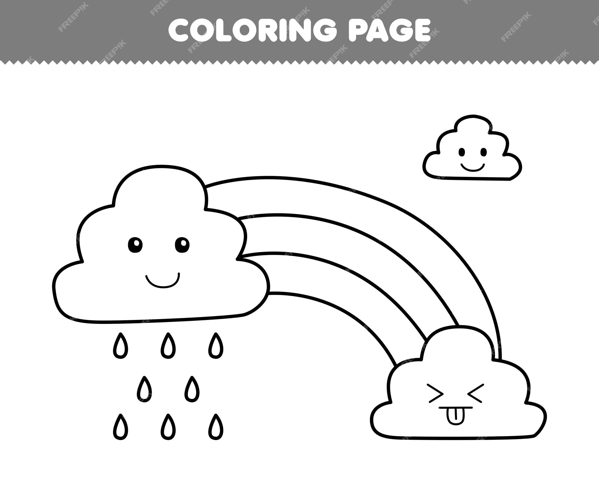 Premium vector education game for children coloring page of cute cartoon rainbow and cloud with rain line art printable nature worksheet