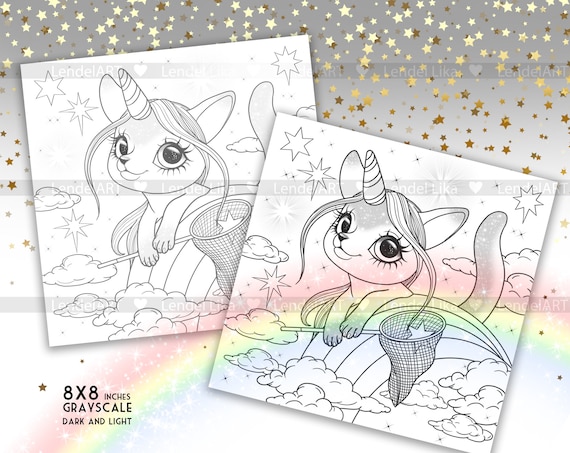 Coloring page unicorn rainbow stars printable coloring sheets girls birthday favour cute animals grayscale art digital jpg download now