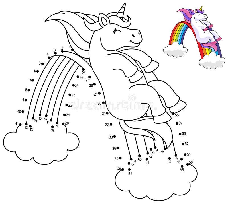 Dot to dot unicorn sliding the rainbow isolated stock vector