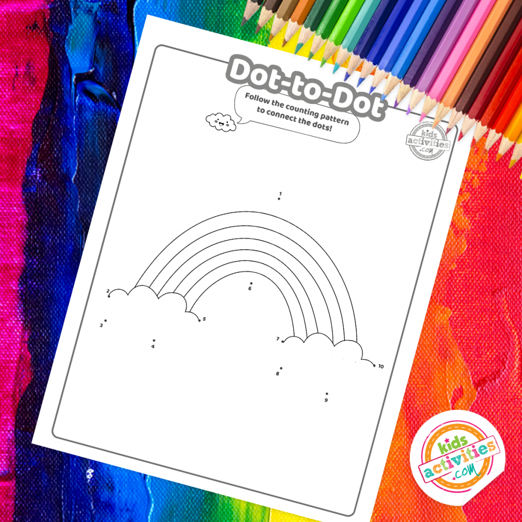 Free printable rainbow dot to dot coloring pages for kids