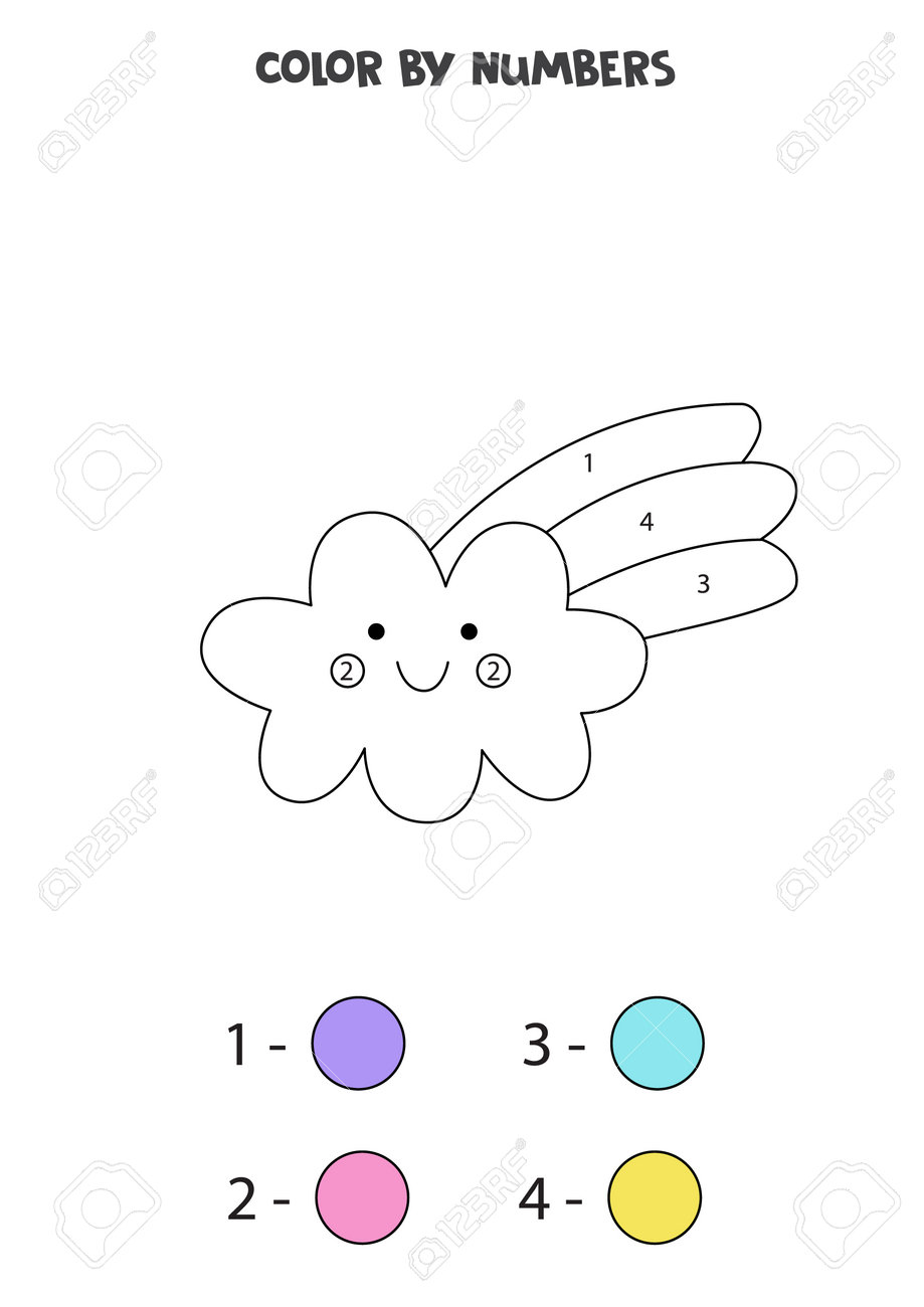 Coloring page with cute rainbow cloud color by numbers math game for kids royalty free svg cliparts vectors and stock illustration image
