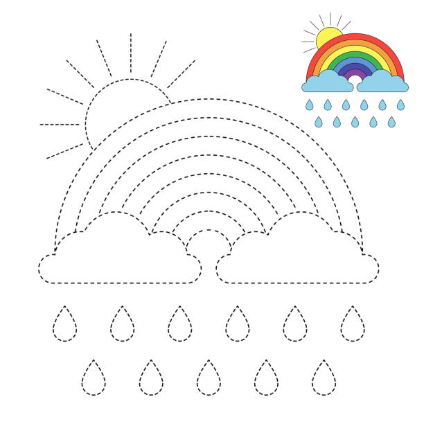 Illustration of rainbow clouds raindrops and sun for toddlers stock illustration