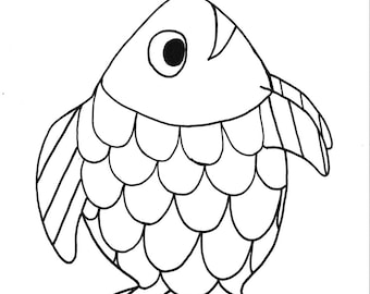 Rainbow fish printable coloring pagefishprintablekidscoloringinstant download blackwhitearthandmadehand drawn cartoon