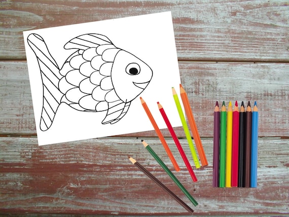 Rainbow fish printable coloring pagefishprintablekidscoloringinstant download blackwhitearthandmadehand drawn cartoon download now