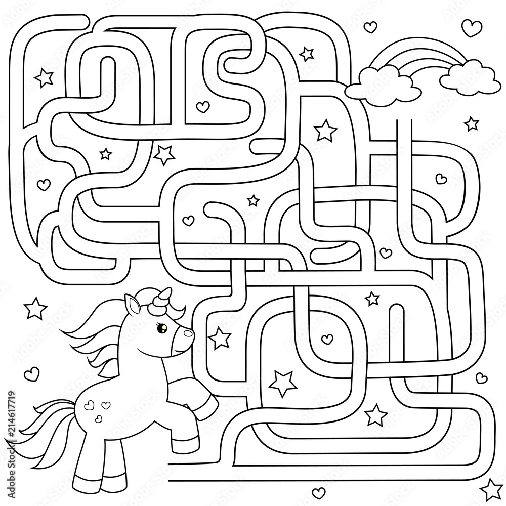 Help unicorn find path to rainbow labyrinth maze game for kids black and white vector illustration for coloring book vector