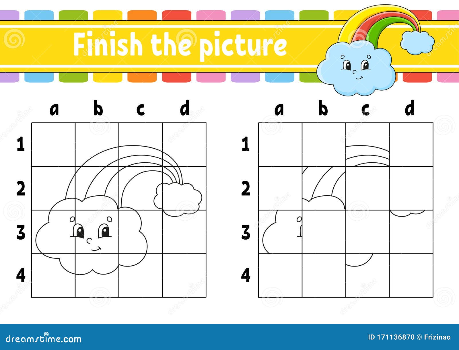 Finish the picture magic rainbow coloring book pages for kids education developing worksheet game for children stock vector