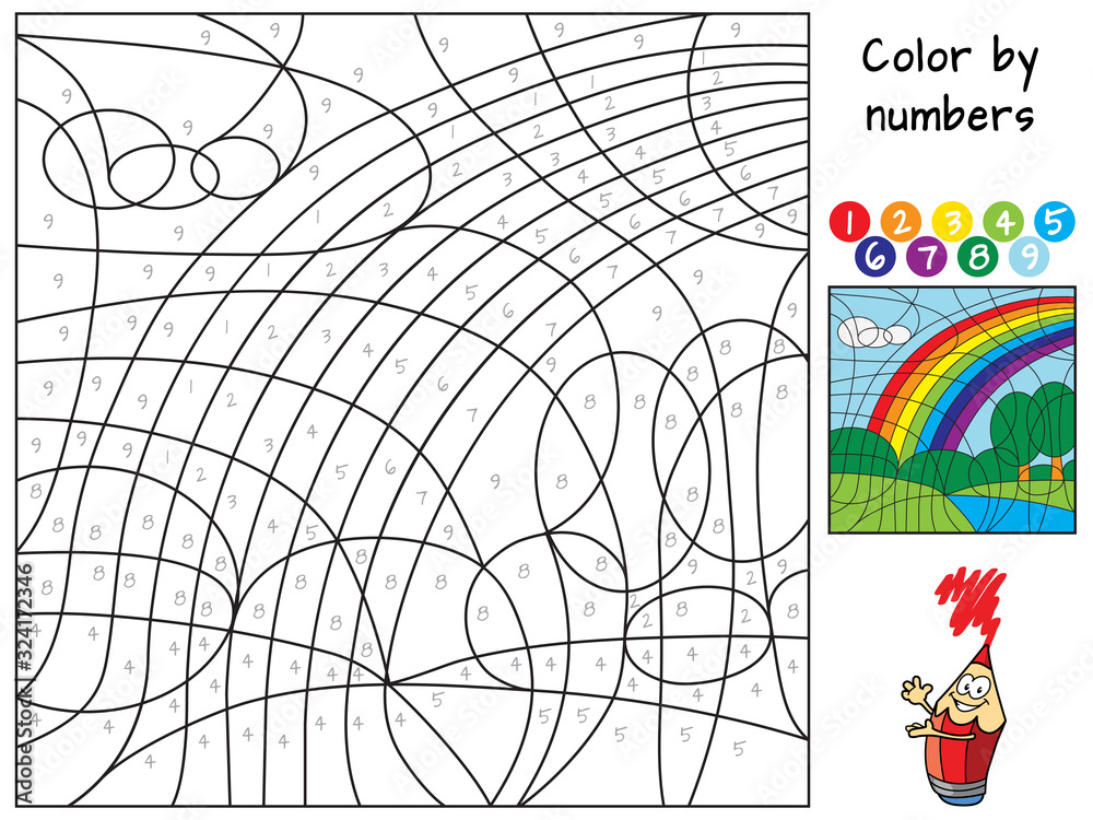 Rainbow color by numbers coloring book educational puzzle game for children cartoon vector illustration vector