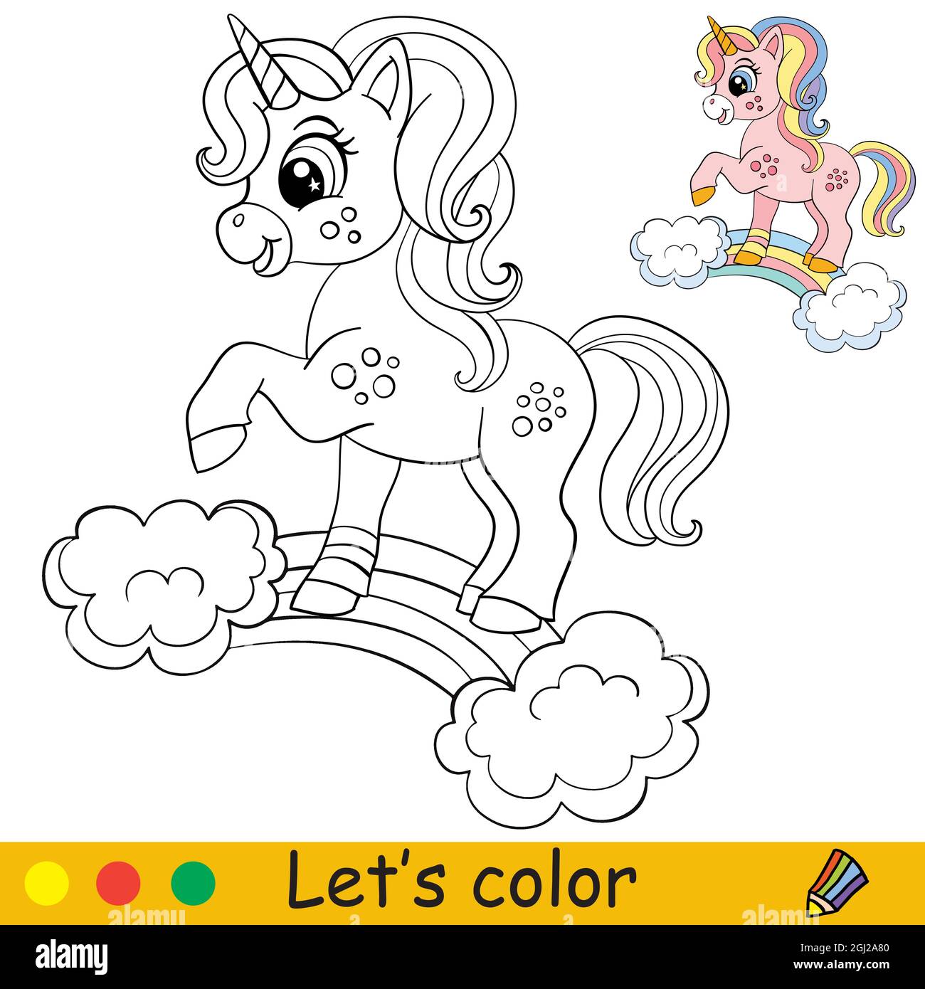 Cute unicorn stands on a rainbow coloring book page for children vector cartoon illustration for coloring book education print game decor puzz stock vector image art