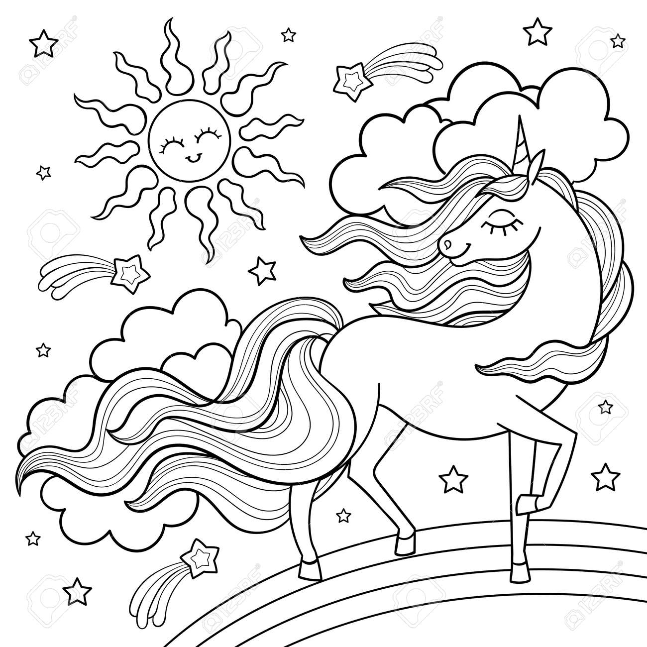 A beautiful unicorn on a rainbow sky with the sun black and white linear outline image for coloring book design education print game decor puzzle cards posters vector royalty free svg cliparts