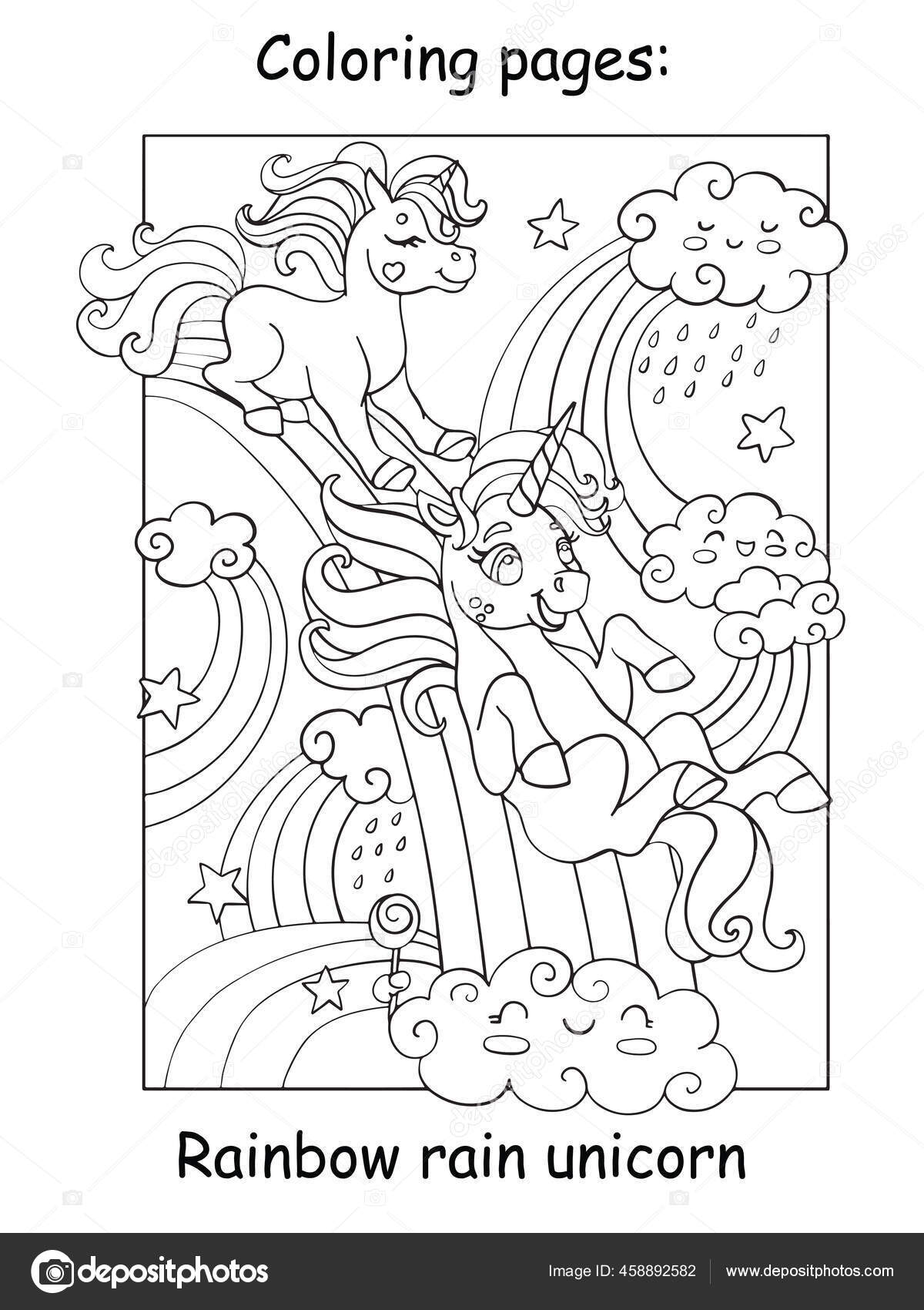 Cute funny unicorns ride rainbow coloring book page children vector stock vector by alinart