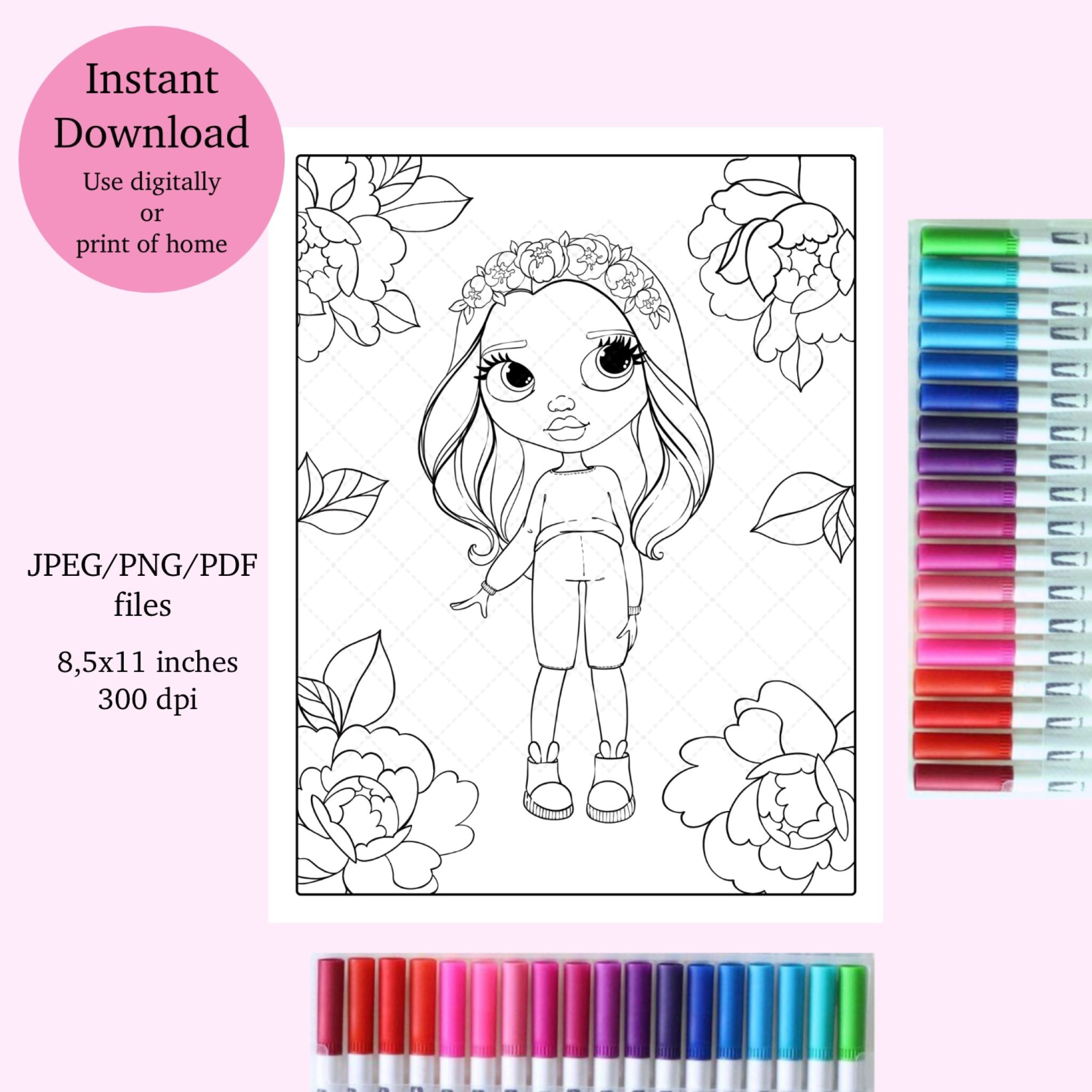 Pretty flower girl coloring page digital download coloring