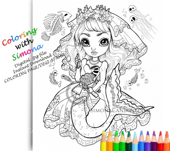 Coloring page digi stamp instant download digital jpg file printable simona candini merbride mermaid bride big eyes art halloween gothic