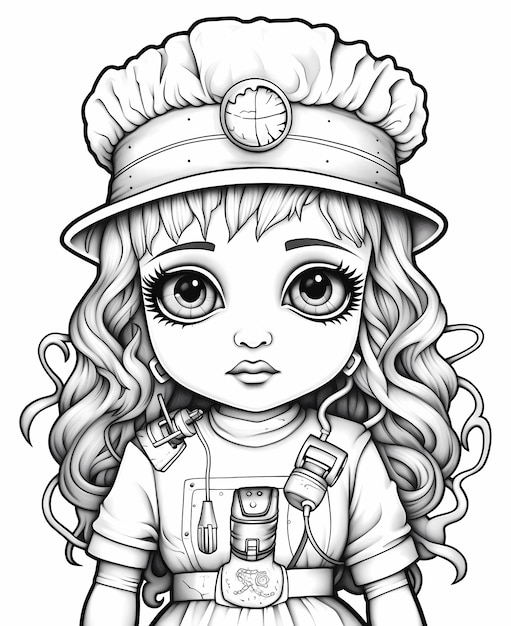 Premium ai image coloring pages creepy doll dressed up like a nurse old cartoon drawing style