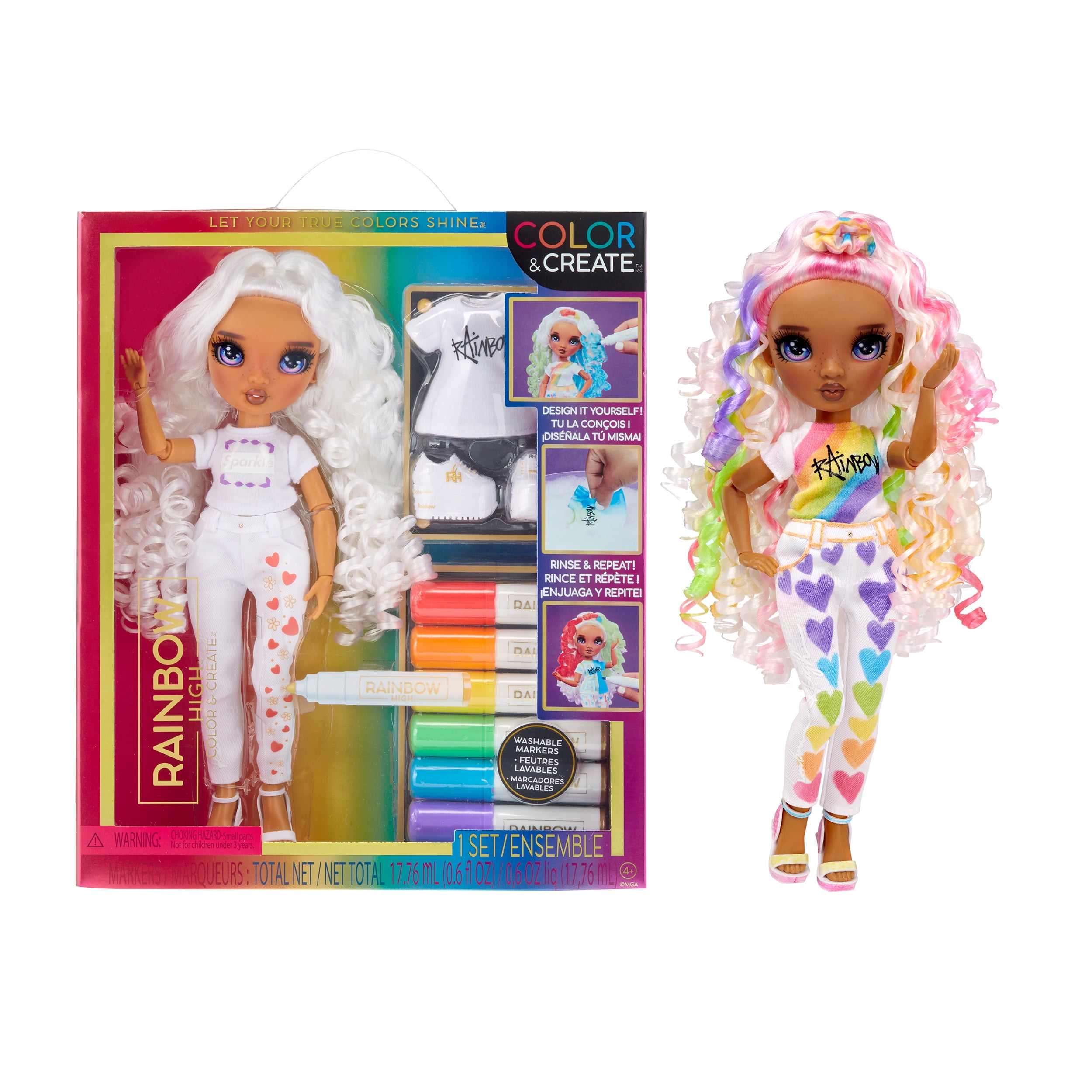 Rainbow high color create fashion diy doll with washable rainbow markers purple eyes curly hair bonus top shoes color create play rinse repeat creative easy kids gift
