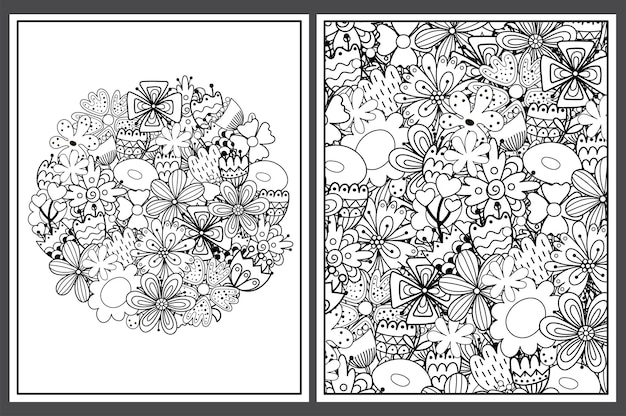 Premium vector coloring pages set with doodle flowers floral ornament for coloring book