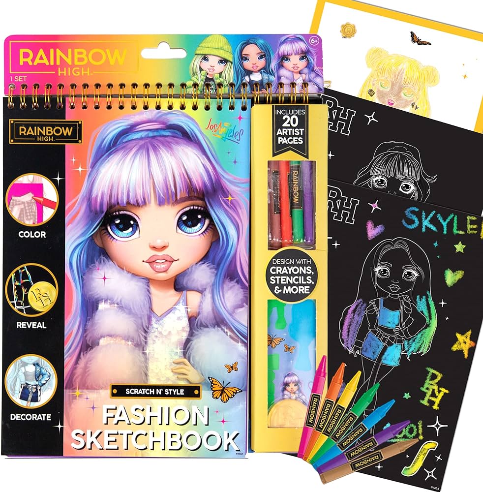 Horizon group usa rainbow high scratch n style fashion sketchbook scratch art coloring book includes stencils crayons scratch art stickers moremulti
