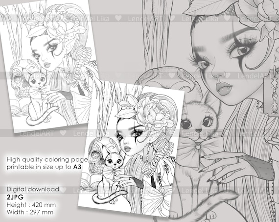 Halloween printable adult colouring page cute vampire cat scull flowers woman coloring sheet instant download grayscale illustration