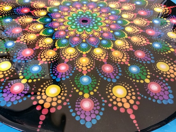 Handpainted rainbow dot mandala painting wall art on vinyl record sealed w resin pointillism geometric trippy zen meditation