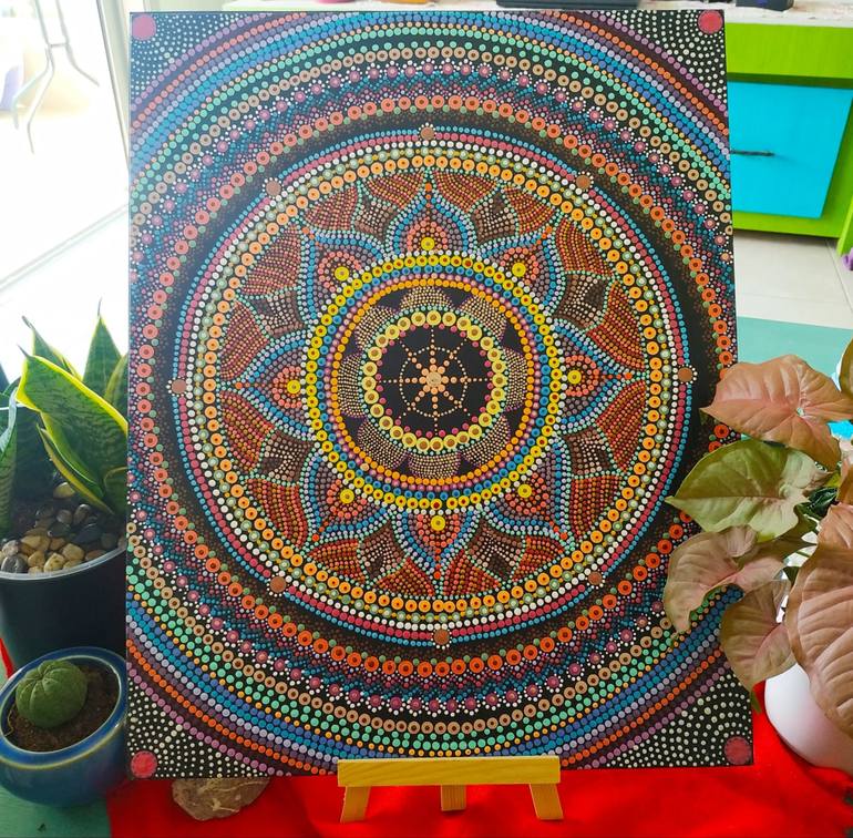 Flower of lifeoriginal dream mandaladot artlotus mandalamulti color floral mandalapointillismsacred geometric wall artcanvas painting painting by dreams made of dots pointillism mandalas and dotted art saatchi art