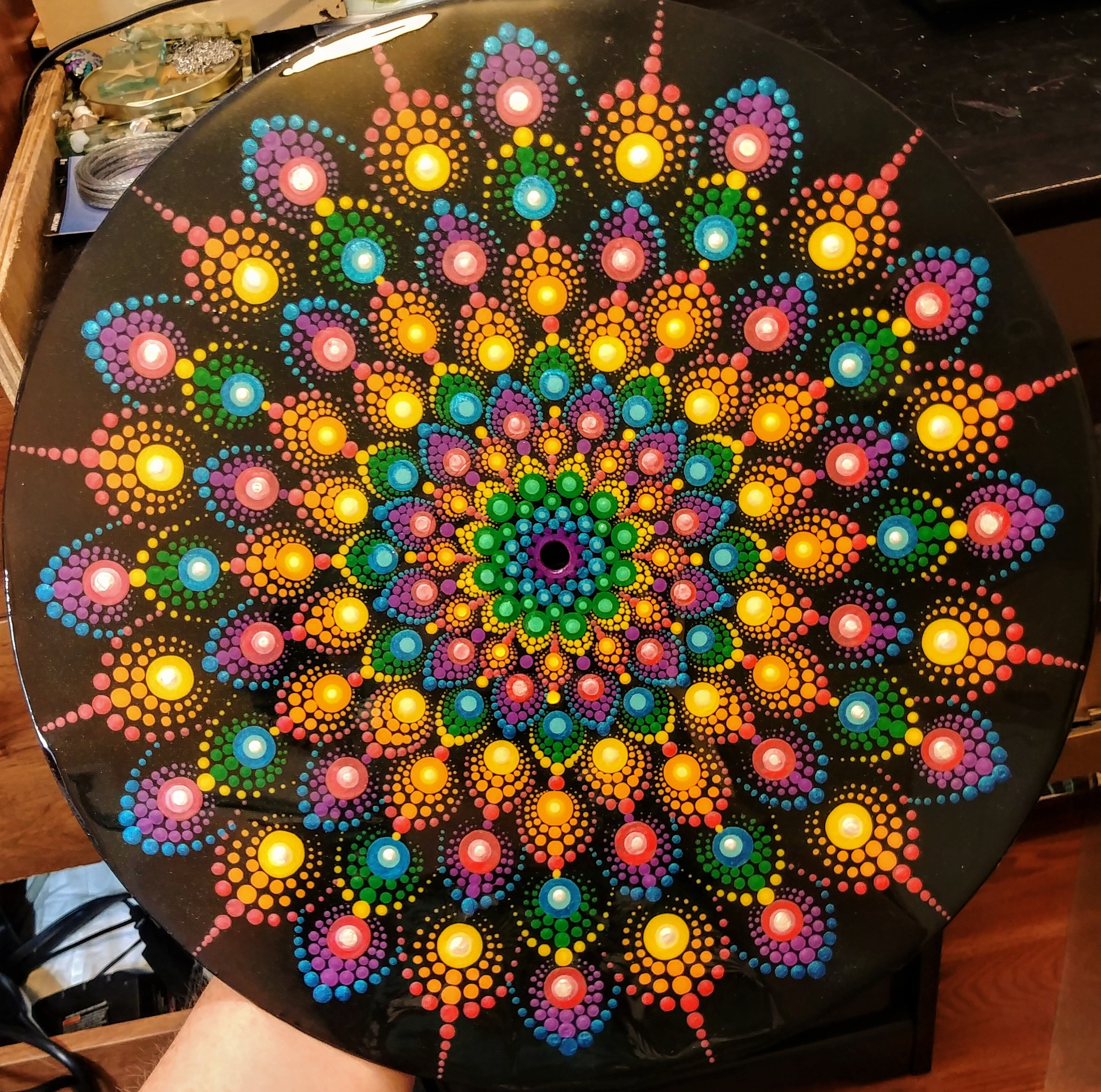 Handpainted rainbow dot mandala painting wall art on vinyl record sealed w resin pointillism geometric trippy zen meditation