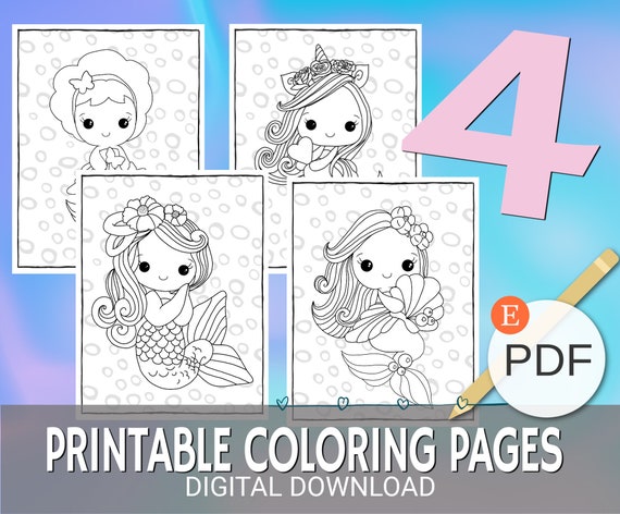 Mermaid coloring pages digital download printable pdf adultkidschild coloring page color diy magical rainbow flowers