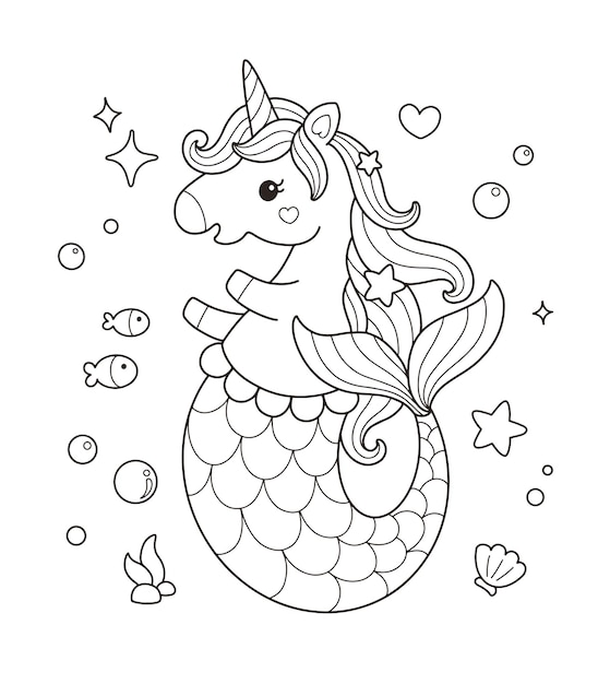 Premium vector cute mermaidcorn unicorn mermaid coloring page illustration