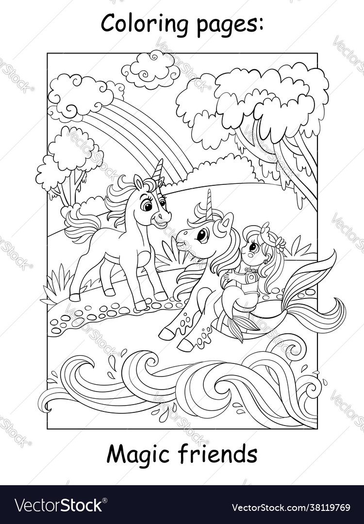 Coloring book page unicorn met a mermaid vector image