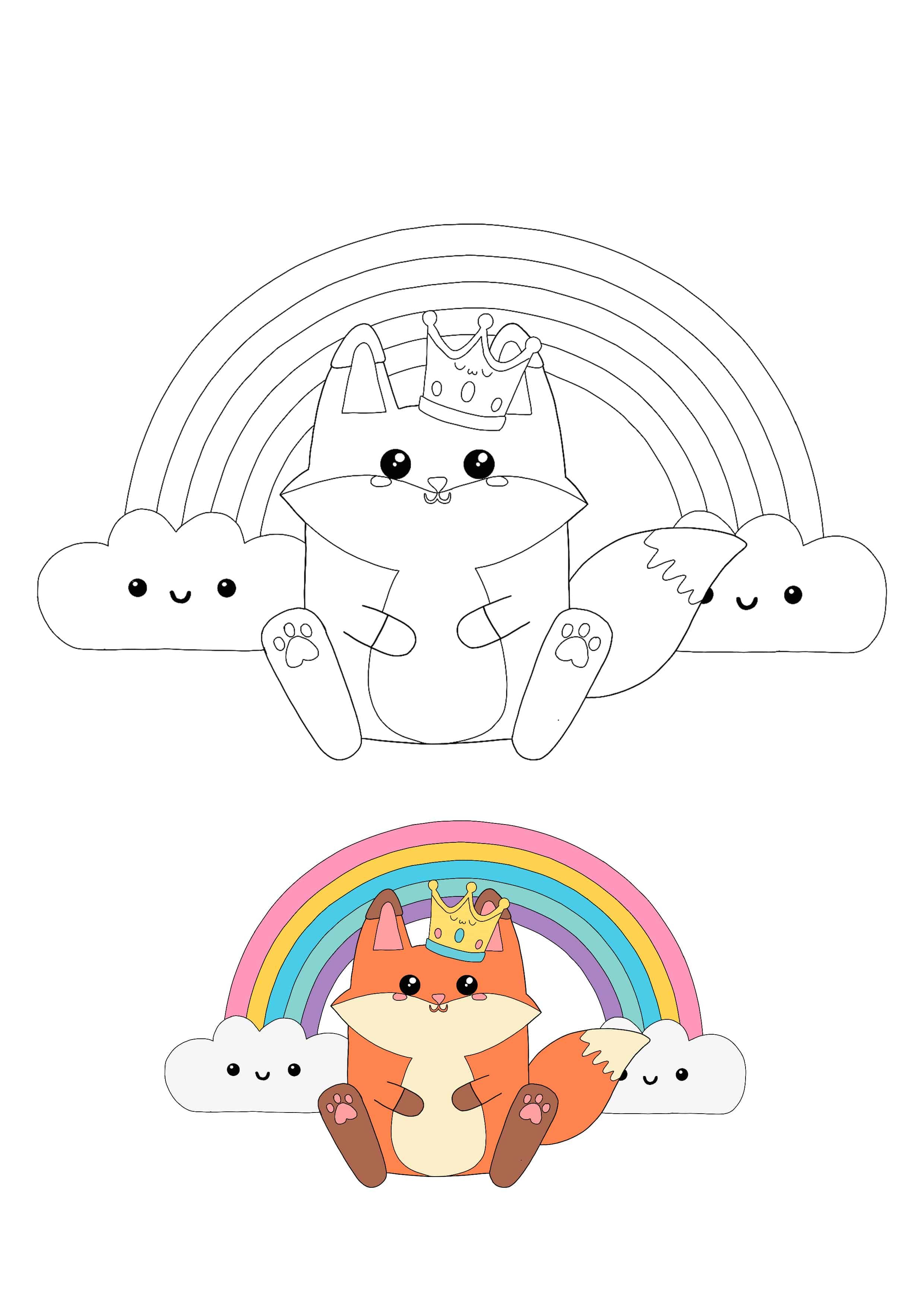 Kawaii fox and rainbow coloring sheet fox coloring page coloring pages kids printable coloring pages