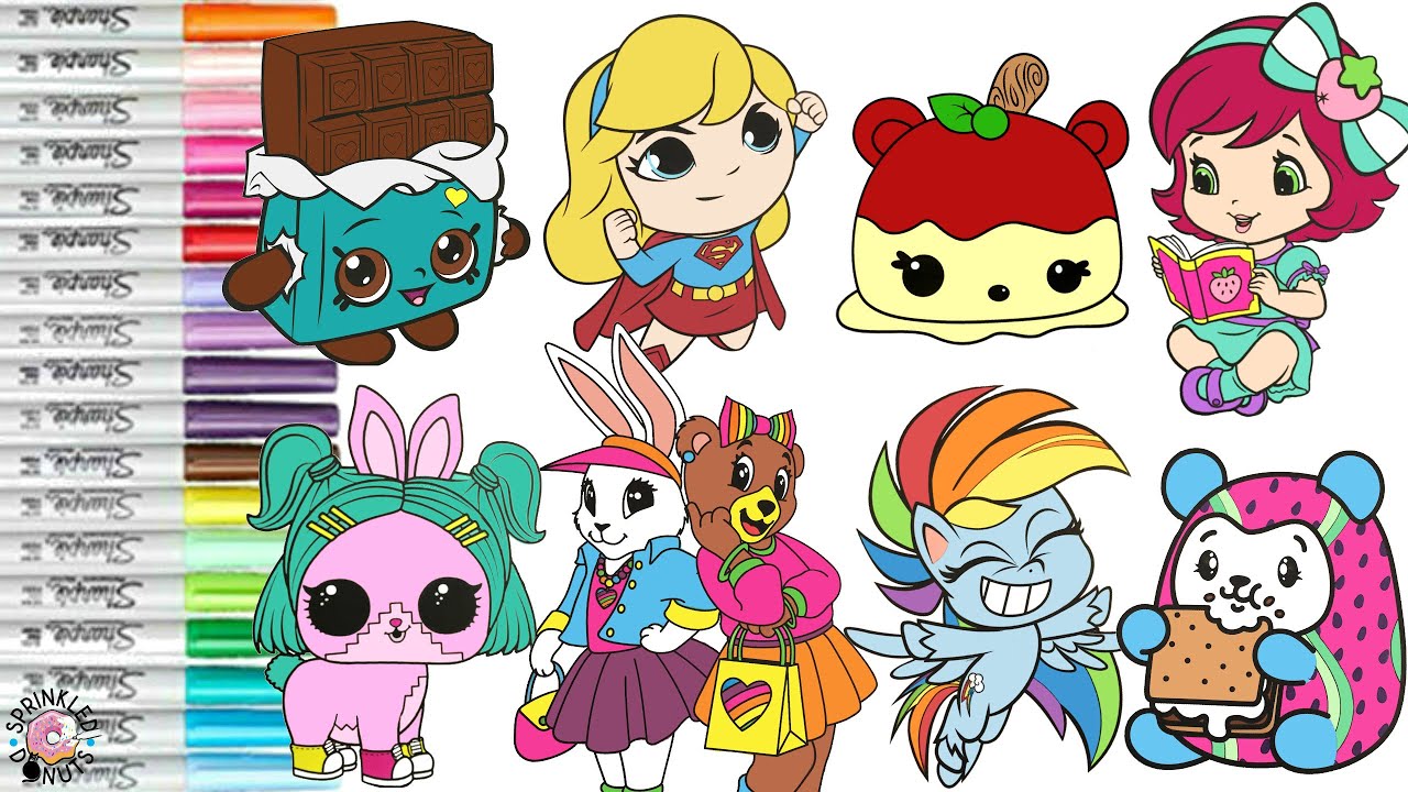 Coloring book pilation for kids pikmi pops num noms lisa frank strawberry shortcake supergirl