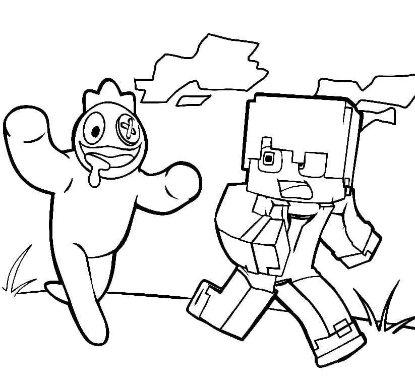 Blue rainbow friend and minecraft coloring page