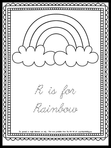 Cute free printable â r is for rainbow coloring page cursive font â the art kit