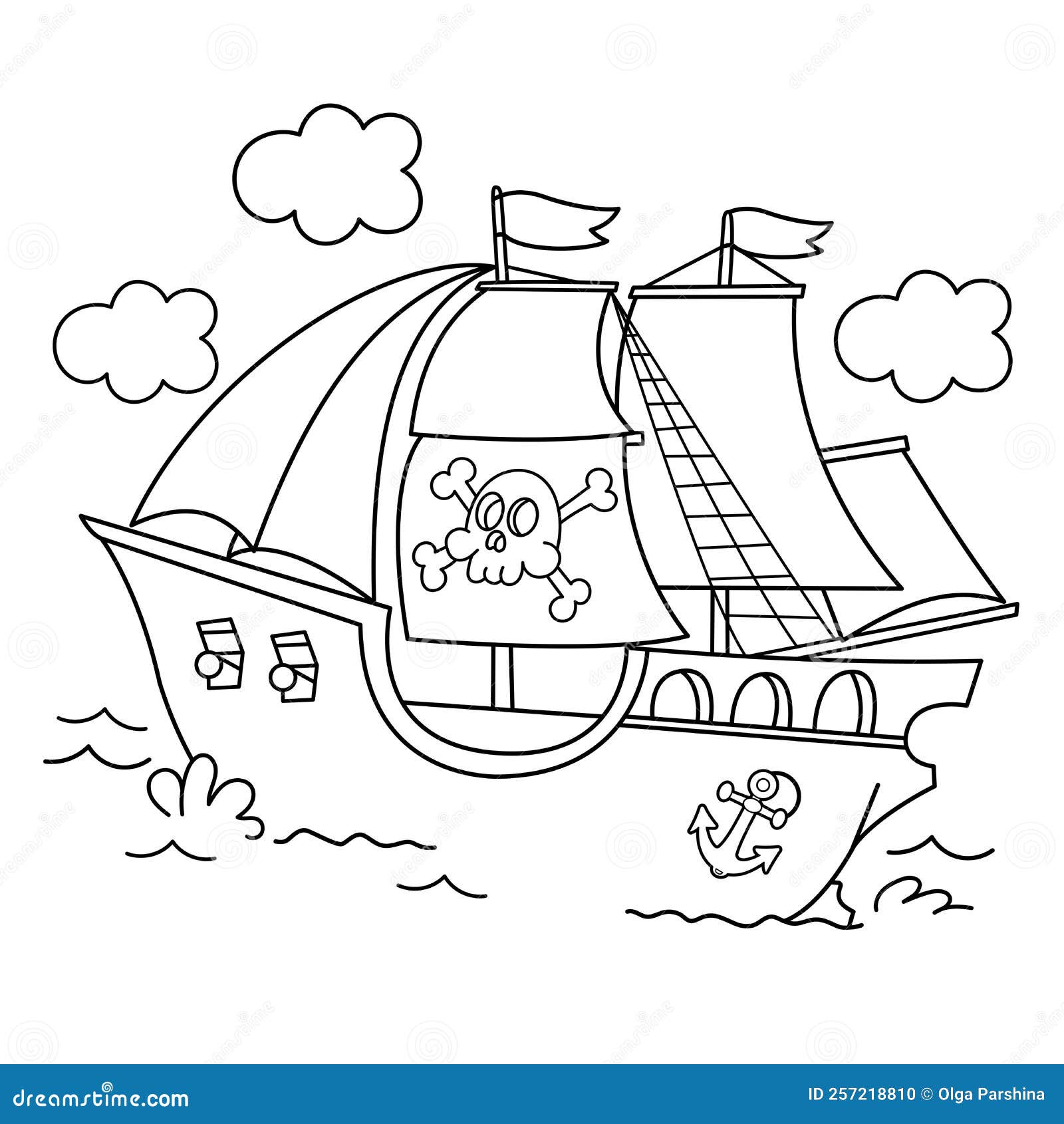 Coloring page outline of cartoon pirate ship sailboat with black sails with skull in sea drawing stock vector