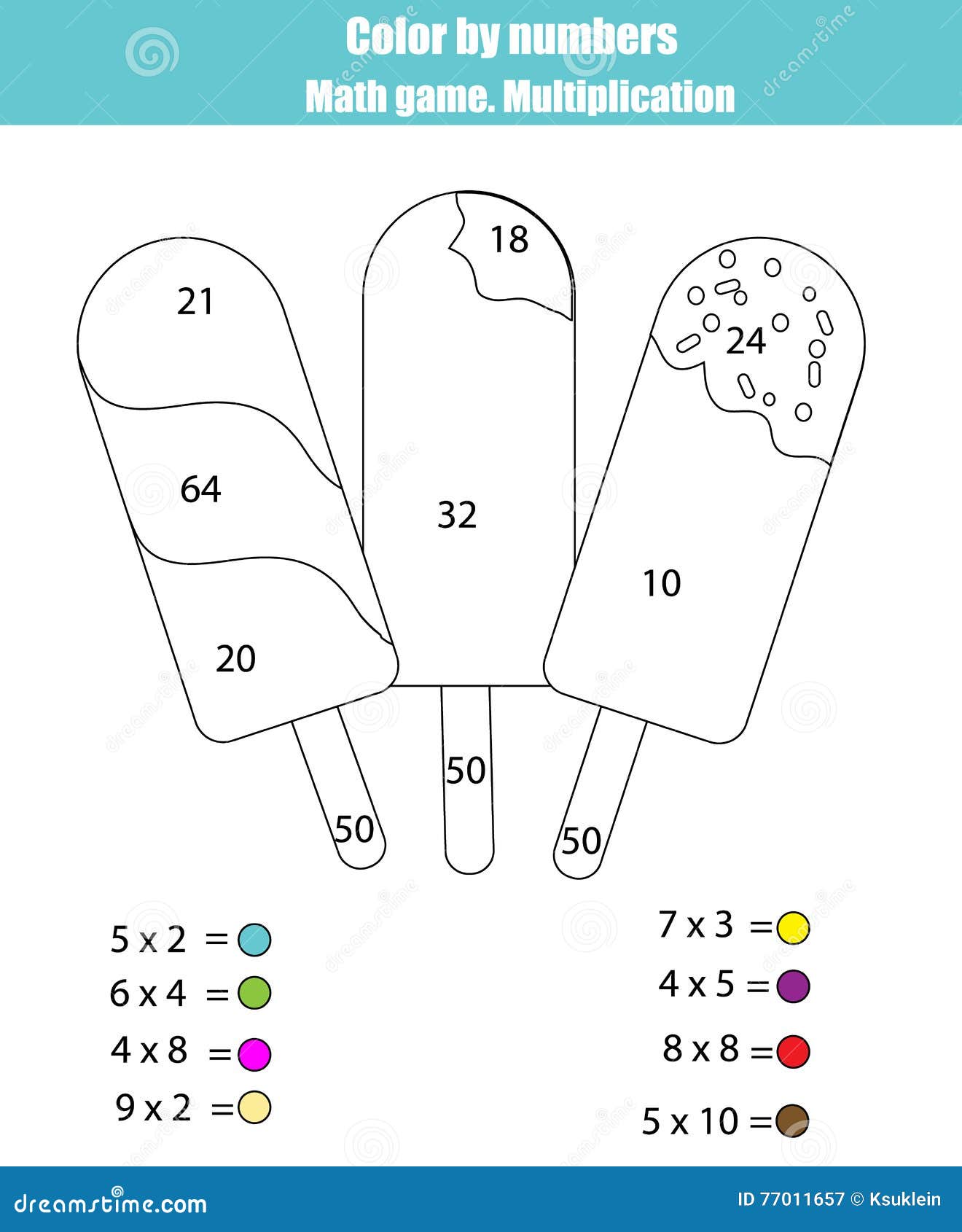 Coloring page with ice cream popsicle color by numbers math game multiplication stock vector