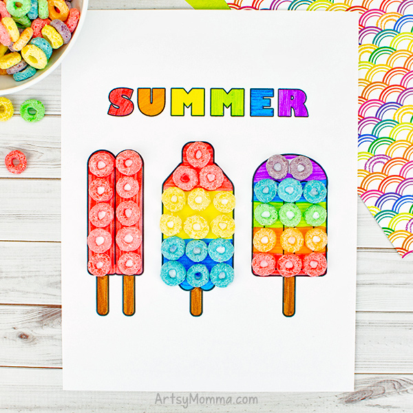 Colorful popsicle art project using fruit loops