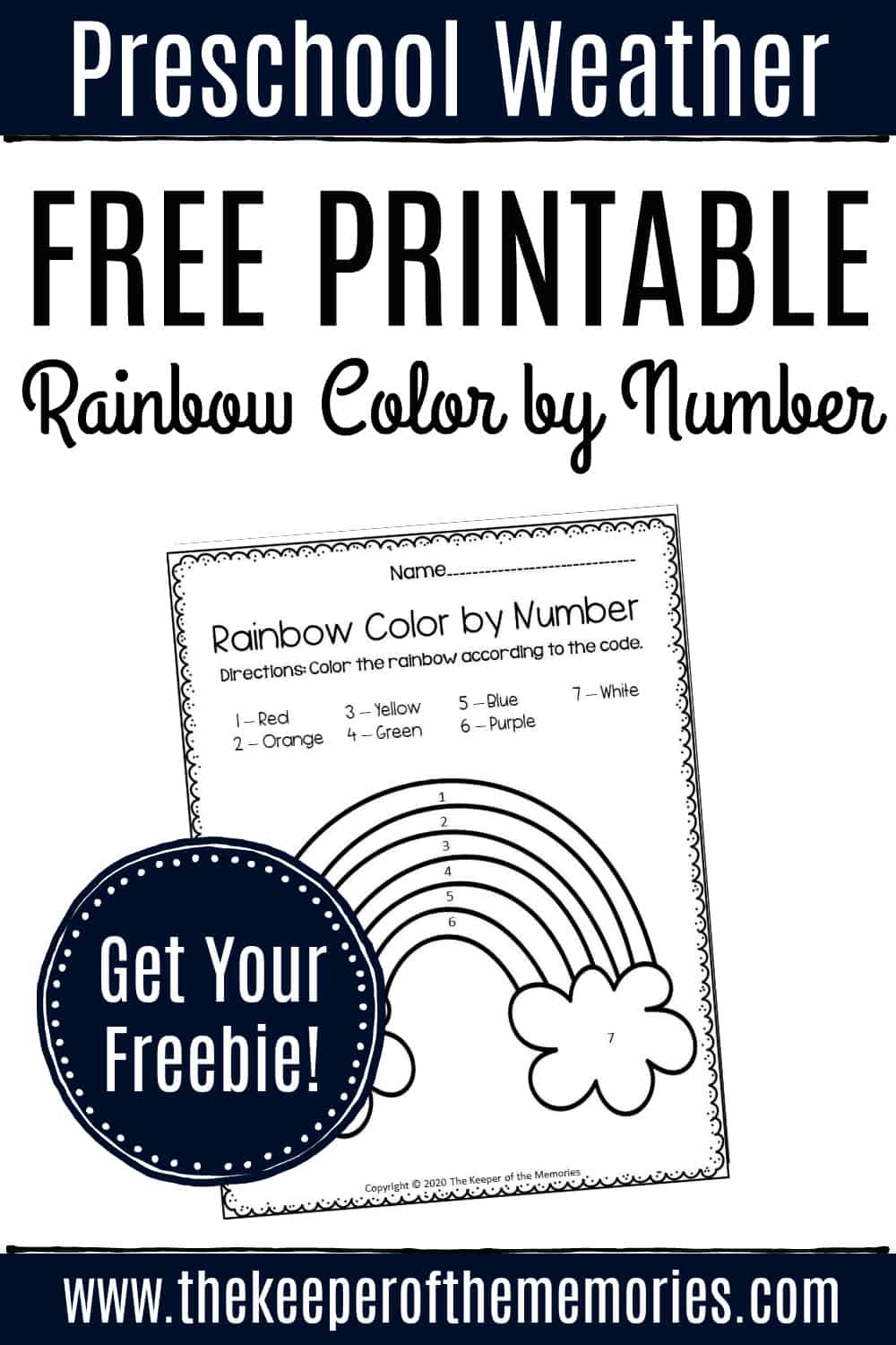 Free printable color by number rainbow preschool worksheet