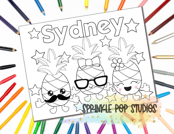 Personalized coloring page pineapple cuties custom coloring book page with name digital download coloring pages for kids