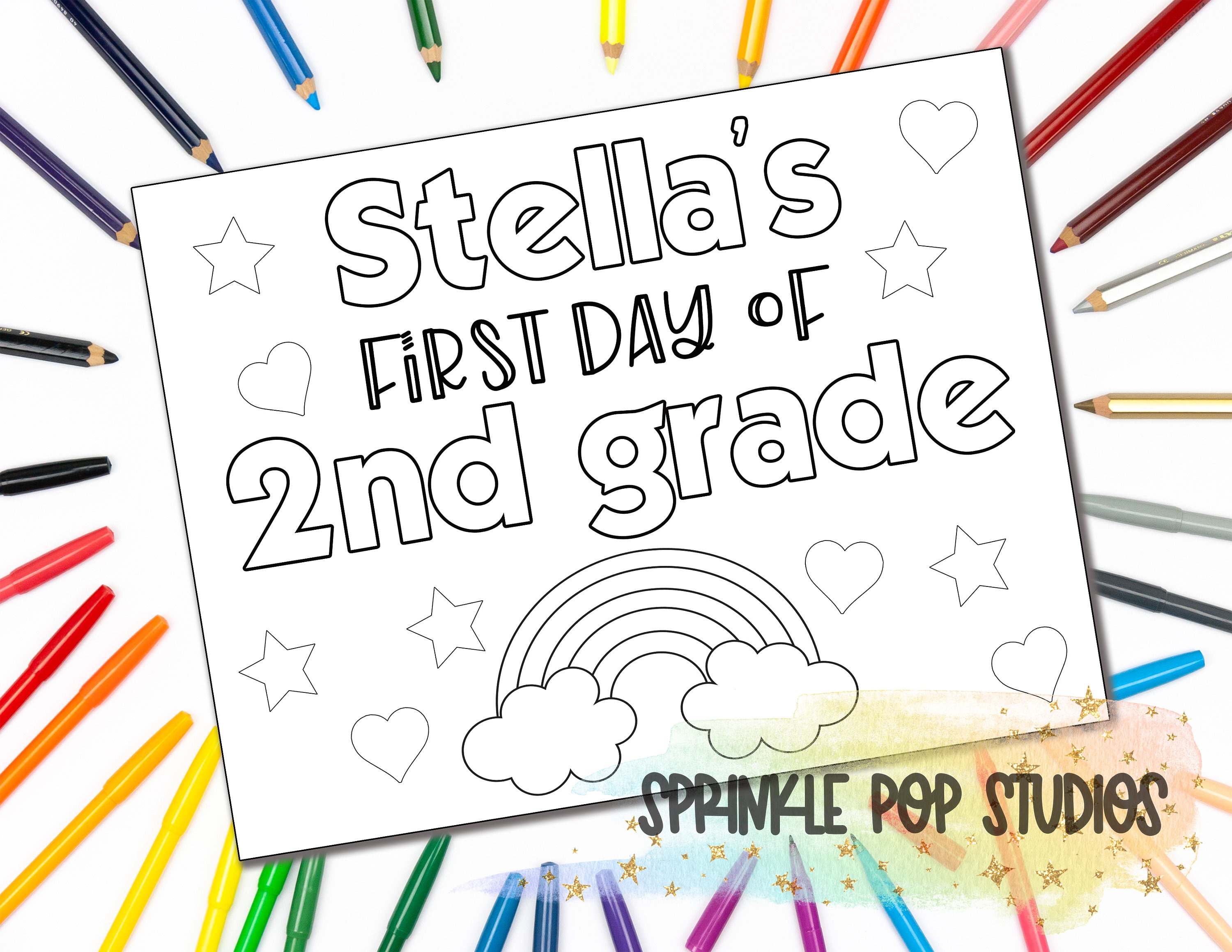 Personalized coloring page first day of school rainbow custom coloring book page with name digital download coloring pages for kids