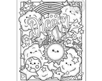 Coloring pages for kids printable rainbow coloring page kawaii coloring page dream big kawaii art print coloring page for kids download