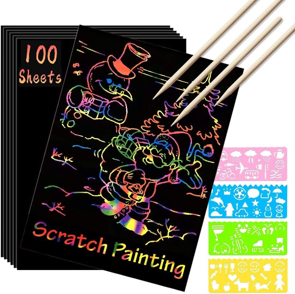 Sheets of rainbow scratch paper art set with wood stylus and stcils for kids diy christmas crafts