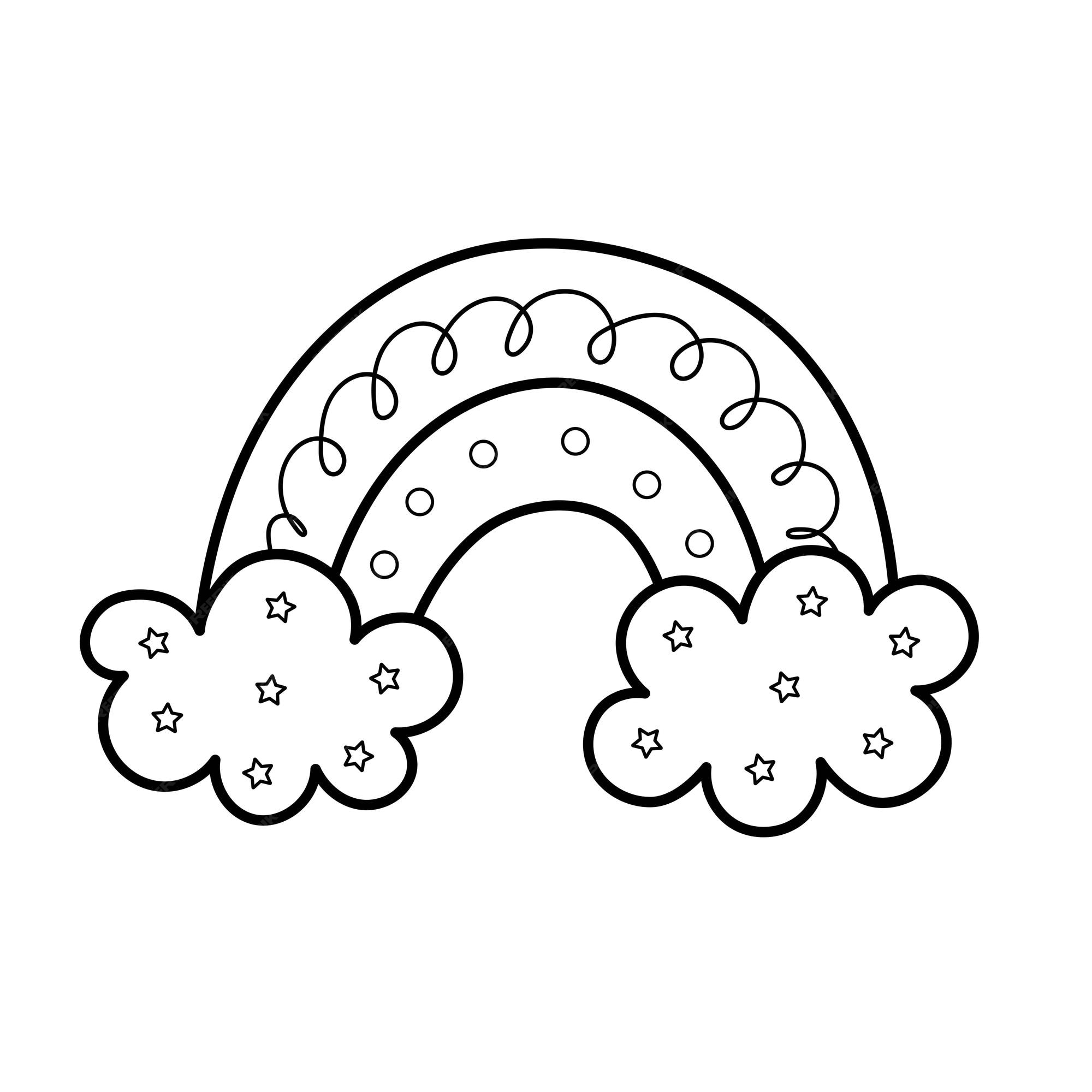 Premium vector cute hand drawn rainbow coloring page black and white rainbow with clouds isolated on white